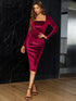 Elegant Wine Velvet Midi Party Dress for Women with Long Sleeves and Square Collar
